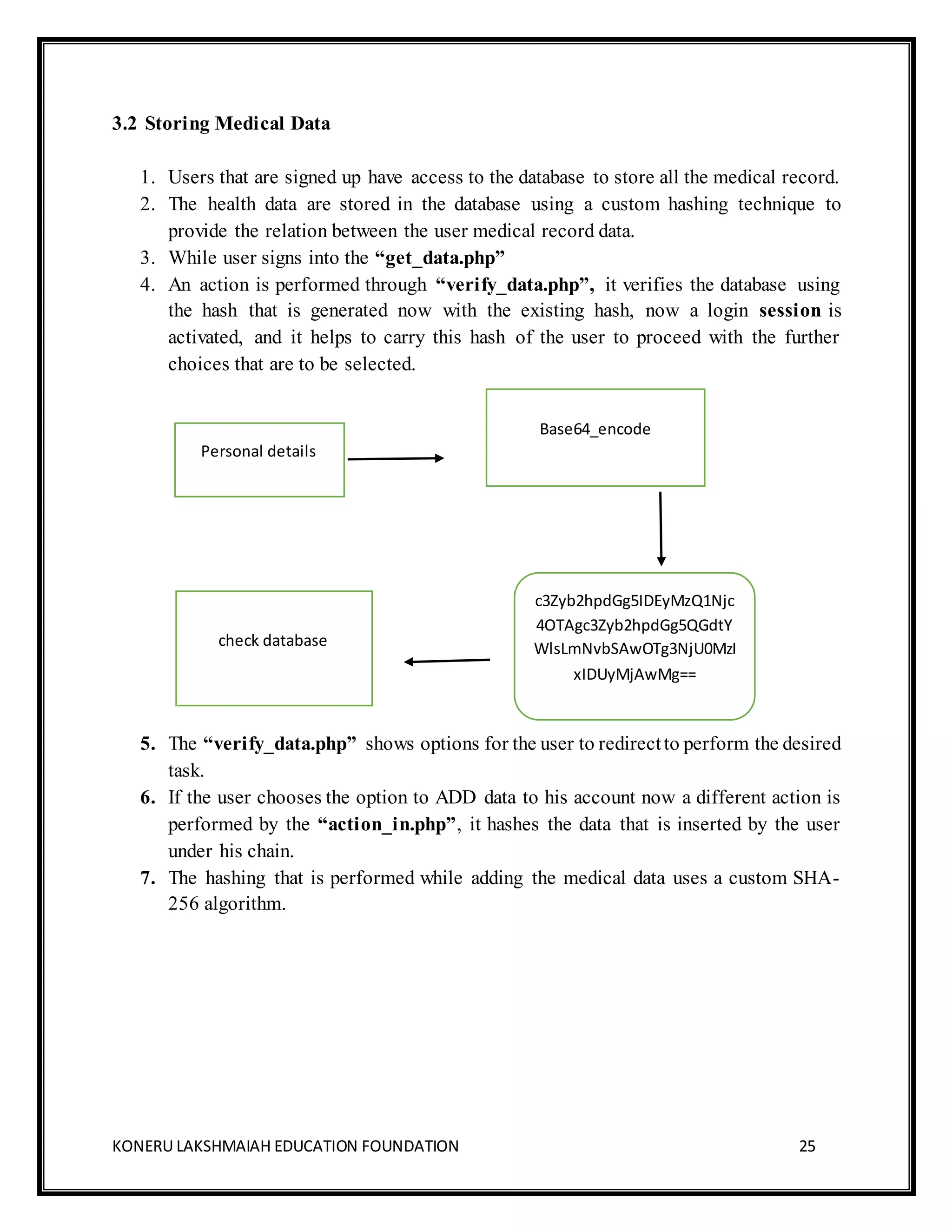 KONERU LAKSHMAIAH EDUCATION FOUNDATION 25
3.2 Storing Medical Data
1. Users that are signed up have access to the database to store all the medical record.
2. The health data are stored in the database using a custom hashing technique to
provide the relation between the user medical record data.
3. While user signs into the “get_data.php”
4. An action is performed through “verify_data.php”, it verifies the database using
the hash that is generated now with the existing hash, now a login session is
activated, and it helps to carry this hash of the user to proceed with the further
choices that are to be selected.
5. The “verify_data.php” shows options for the user to redirectto perform the desired
task.
6. If the user chooses the option to ADD data to his account now a different action is
performed by the “action_in.php”, it hashes the data that is inserted by the user
under his chain.
7. The hashing that is performed while adding the medical data uses a custom SHA-
256 algorithm.
Personal details
c3Zyb2hpdGg5IDEyMzQ1Njc
4OTAgc3Zyb2hpdGg5QGdtY
WlsLmNvbSAwOTg3NjU0MzI
xIDUyMjAwMg==
Base64_encode
check database
 