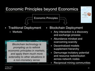 14 Sep 2017
Blockchain
Reinventing Economics and Government
32
 Long Tail premise
 80/20 rule false in digital markets
 Sell less of more items
 Look at the long tail as a market itself
Source: Anderson; Brynjolfsson; Elberse
Long Tail Effect
2006
 Analysis (Brynjolfsson et al., 2006, 2010)
 Amazon: niche books account for 36.7% of sales
 Power laws not Pareto distributions in etailing (books,
music), software downloads (70/30 not 80/20)
 Critique (Elberse, 2008)
 Pareto distribution not power laws in some markets
 Evolving market: feedback effect of online reviews
 Key point: personal preference markets work
 