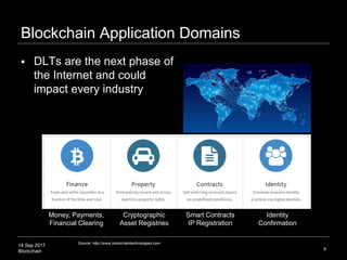 14 Sep 2017
Blockchain
Context of the Blockchain Revolution
8
Source: Expanded from Mark Sigal, http://radar.oreilly.com/2011/10/post-pc-revolution.html
I. Transfer Information II. Transfer Value
6 7
2020s 2030s
Simple networks Smart networks
 Blockchain is fundamentally the next phase of the
Internet, not just a FinTech, could impact every industry
 Two fundamental eras of network computing
 