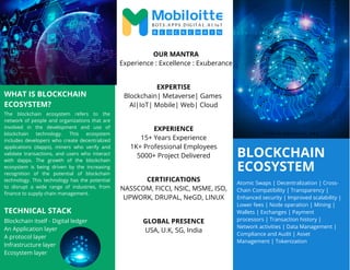 BLOCKCHAIN
ECOSYSTEM
The blockchain ecosystem refers to the
network of people and organizations that are
involved in the development and use of
blockchain technology. This ecosystem
includes developers who create decentralized
applications (dapps), miners who verify and
validate transactions, and users who interact
with dapps. The growth of the blockchain
ecosystem is being driven by the increasing
recognition of the potential of blockchain
technology. This technology has the potential
to disrupt a wide range of industries, from
finance to supply chain management.
OUR MANTRA
Experience : Excellence : Exuberance
EXPERTISE
Blockchain| Metaverse| Games
AI|IoT| Mobile| Web| Cloud
EXPERIENCE
15+ Years Experience
1K+ Professional Employees
5000+ Project Delivered
CERTIFICATIONS
NASSCOM, FICCI, NSIC, MSME, ISO,
UPWORK, DRUPAL, NeGD, LINUX
GLOBAL PRESENCE
USA, U.K, SG, India
WHAT IS BLOCKCHAIN
ECOSYSTEM?
Blockchain itself - Digital ledger
An Application layer
A protocol layer
Infrastructure layer
Ecosystem layer
TECHNICAL STACK
Atomic Swaps | Decentralization | Cross-
Chain Compatibility | Transparency |
Enhanced security | Improved scalability |
Lower fees | Node operation | Mining |
Wallets | Exchanges | Payment
processors | Transaction history |
Network activities | Data Management |
Compliance and Audit | Asset
Management | Tokenization
 