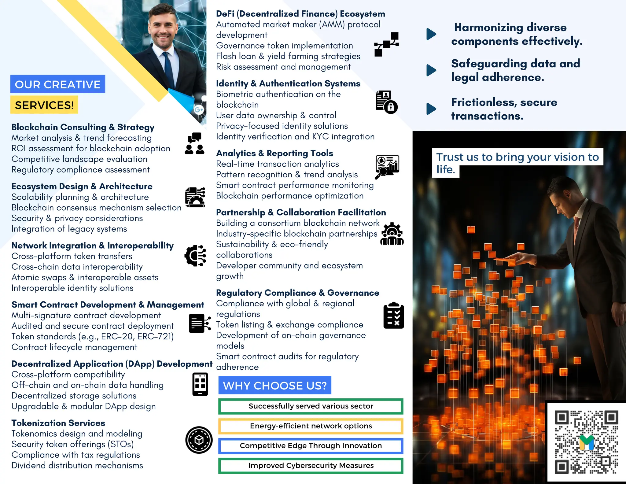 Successfully served various sector
Energy-efficient network options
Competitive Edge Through Innovation
Improved Cybersecurity Measures
WHY CHOOSE US?
Blockchain Consulting & Strategy
Market analysis & trend forecasting
ROI assessment for blockchain adoption
Competitive landscape evaluation
Ecosystem Design & Architecture
Scalability planning & architecture
Blockchain consensus mechanism selection
Security & privacy considerations
Network Integration & Interoperability
Cross-platform token transfers
Cross-chain data interoperability
Atomic swaps & interoperable assets
Smart Contract Development & Management
Multi-signature contract development
Audited and secure contract deployment
Token standards (e.g., ERC-20, ERC-721)
Decentralized Application (DApp) Development
Cross-platform compatibility
Off-chain and on-chain data handling
Decentralized storage solutions
Tokenization Services
Tokenomics design and modeling
Security token offerings (STOs)
Compliance with tax regulations
Dividend distribution mechanisms
Regulatory compliance assessment
Integration of legacy systems
Interoperable identity solutions
Contract lifecycle management
Upgradable & modular DApp design
Harmonizing diverse
components effectively.
Safeguarding data and
legal adherence.
Frictionless, secure
transactions.
Trust us to bring your vision to
life.
OUR CREATIVE
SERVICES!
DeFi (Decentralized Finance) Ecosystem
Automated market maker (AMM) protocol
development
Governance token implementation
Flash loan & yield farming strategies
Identity & Authentication Systems
blockchain
User data ownership & control
Privacy-focused identity solutions
Analytics & Reporting Tools
Real-time transaction analytics
Pattern recognition & trend analysis
Smart contract performance monitoring
Partnership & Collaboration Facilitation
Building a consortium blockchain network
Industry-specific blockchain partnerships
Sustainability & eco-friendly
collaborations
Regulatory Compliance & Governance
Compliance with global & regional
regulations
Token listing & exchange compliance
Development of on-chain governance
models
Smart contract audits for regulatory
adherence
Risk assessment and management
Biometric authentication on the
Identity verification and KYC integration
Blockchain performance optimization
Developer community and ecosystem
growth
 