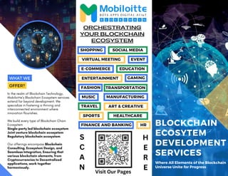 E-COMMERCE
SPORTS HEALTHCARE
BLOCKCHAIN
ECOSYTEM
DEVELOPMENT
SERVICES
Where All Elements of the Blockchain
Universe Unite for Progress
In the realm of Blockchain Technology,
Mobiloitte’s Blockchain Ecosystem services
extend far beyond development. We
specialize in fostering a thriving and
interconnected environment where
innovation flourishes.
We build every type of Blockchain Chain
Ecosystem
Single-party led blockchain ecosystem
Joint venture blockchain ecosystem
Regulatory blockchain ecosystem
Our offerings encompass Blockchain
Consulting, Ecosystem Design, and
Seamless Integration, Ensuring that
various blockchain elements, from
Cryptocurrencies to Decentralized
applications, work together
harmoniously.
ORCHESTRATING
YOUR BLOCKCHAIN
ECOSYSTEM
WHAT WE
OFFER?
SHOPPING SOCIAL MEDIA
VIRTUAL MEETING EVENT
EDUCATION
ENTERTAINMENT
MUSIC
TRANSPORTATION
GAMING
MANUFACTURING
FASHION
ART & CREATIVE
TRAVEL
FINANCE AND BANKING HR
S
C
A
N
H
E
R
E
Visit Our Pages
 