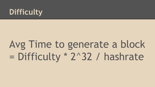 Difficulty
Avg Time to generate a block
= Difficulty * 2^32 / hashrate
 