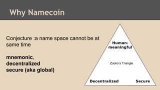 Why Namecoin
Zooko’s Triangle
Conjecture :a name space cannot be at
same time
mnemonic,
decentralized
secure (aka global)
 