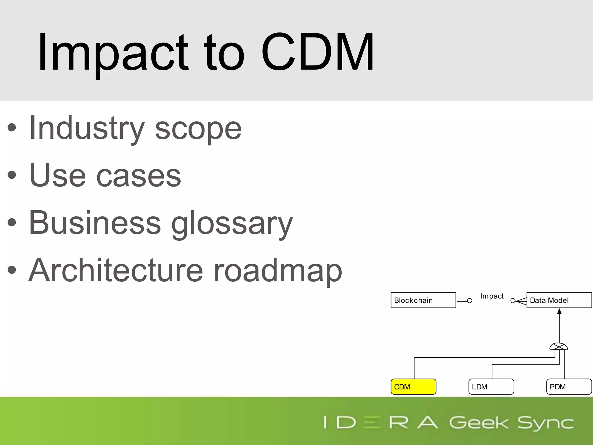 Impact to CDM
• Industry scope
• Use cases
• Business glossary
• Architecture roadmap
Blockchain
PDMLDM
Data Model
CDM
Impact
 