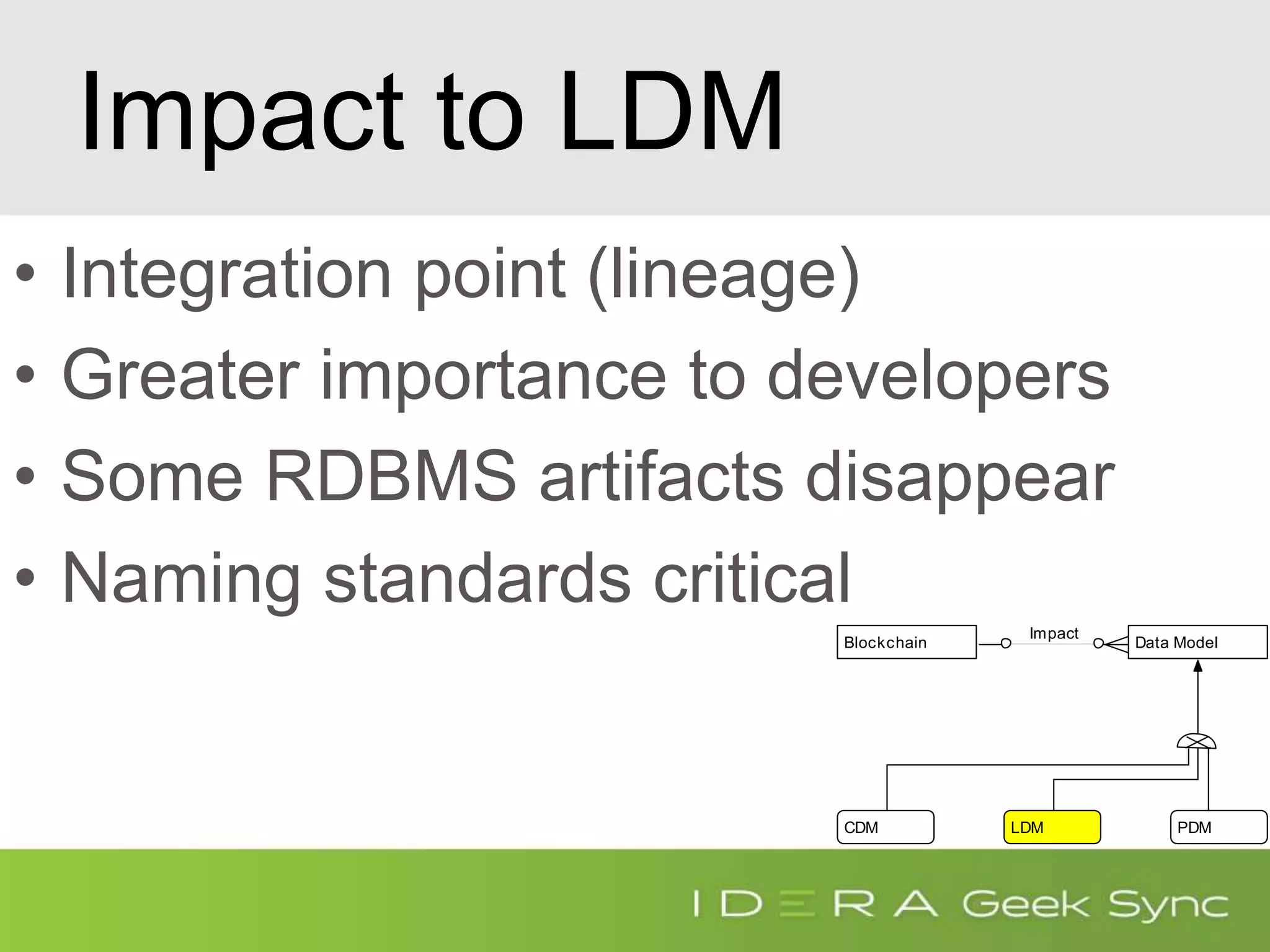 Impact to LDM
• Integration point (lineage)
• Greater importance to developers
• Some RDBMS artifacts disappear
• Naming standards critical
Blockchain
PDM
Data Model
CDM LDM
Impact
 