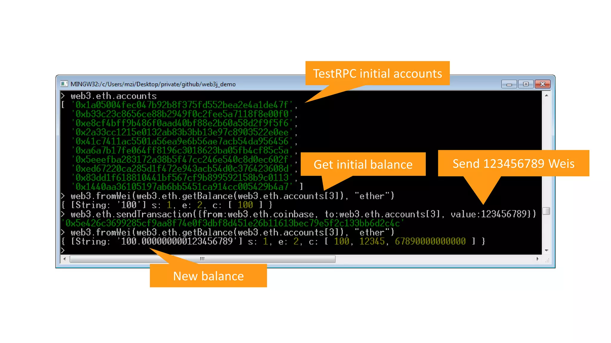TestRPC initial accounts
Get initial balance
New balance
Send 123456789 Weis
 