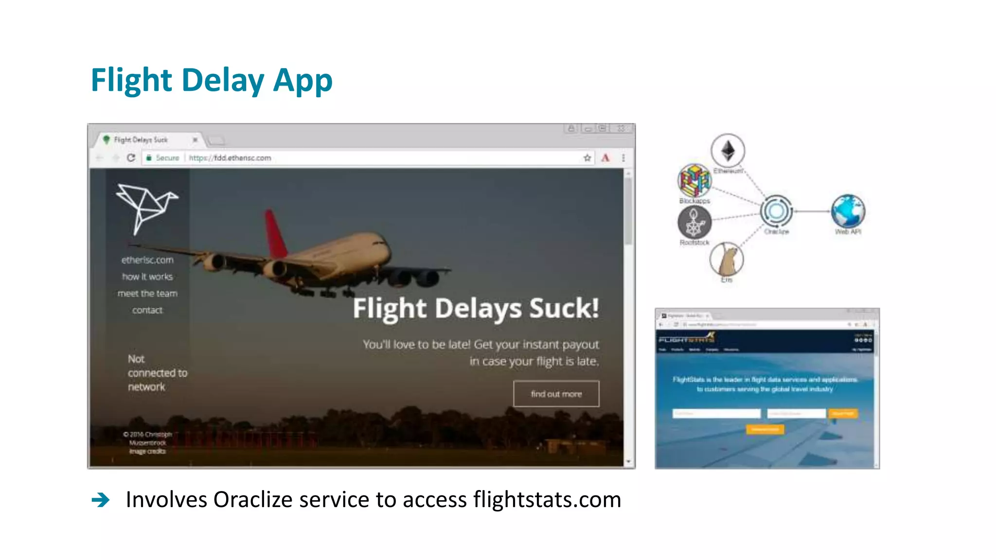  Involves Oraclize service to access flightstats.com
Flight Delay App
 