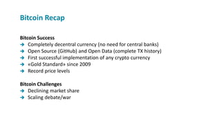 Bitcoin Success
 Completely decentral currency (no need for central banks)
 Open Source (GitHub) and Open Data (complete TX history)
 First successful implementation of any crypto currency
 «Gold Standard» since 2009
 Record price levels
Bitcoin Challenges
 Declining market share
 Scaling debate/war
Bitcoin Recap
 
