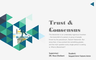 1
Trust &
Consensusblockchain
The blockchain is an undeniably ingenious invention
– the brainchild of a person or group of people
known by the pseudonym, Satoshi Nakamoto. But
since then, it has evolved into something greater,
and the main question every single person is asking
is: What is Blockchain?
Supervisor:
DR. Reza Sheibani
Student:
Seyyed Amir Fatemi Amin
 