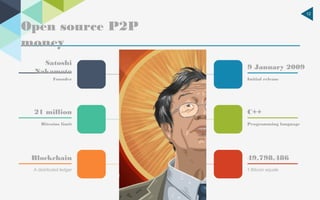 12
Open source P2P
money
Satoshi
Nakamoto
Founder
9 January 2009
Initial release
21 million
Bitcoins limit
C++
Programming language
Blockchain
A distributed ledger
49,798,486
1 Bitcoin equals
 