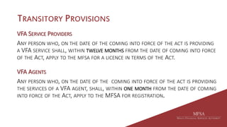 TRANSITORY PROVISIONS
VFA SERVICE PROVIDERS
ANY PERSON WHO, ON THE DATE OF THE COMING INTO FORCE OF THE ACT IS PROVIDING
A VFA SERVICE SHALL, WITHIN TWELVE MONTHS FROM THE DATE OF COMING INTO FORCE
OF THE ACT, APPLY TO THE MFSA FOR A LICENCE IN TERMS OF THE ACT.
VFA AGENTS
ANY PERSON WHO, ON THE DATE OF THE COMING INTO FORCE OF THE ACT IS PROVIDING
THE SERVICES OF A VFA AGENT, SHALL, WITHIN ONE MONTH FROM THE DATE OF COMING
INTO FORCE OF THE ACT, APPLY TO THE MFSA FOR REGISTRATION.
 