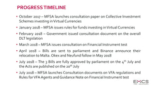 PROGRESSTIMELINE
• October 2017 – MFSA launches consultation paper on Collective Investment
Schemes investing inVirtual Currencies
• January 2018 – MFSA issues rules for funds investing inVirtual Currencies
• February 2018 – Government issued consultation document on the overall
DLT legislation
• March 2018 – MFSA issues consultation on Financial Instrument test
• April 2018 – Bills are sent to parliament and Binance announce their
relocation to Malta. Okex and Neufund follow in May 2018
• July 2018 – The 3 Bills are fully approved by parliament on the 4th July and
the Acts are published on the 20th July
• July 2018 – MFSA launches Consultation documents on VFA regulations and
Rules forVFA Agents and Guidance Note on Financial Instrument test
 