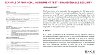 EXAMPLE OF FINANCIAL INSTRUMENTTEST –TRANSFERABLE SECURITY
i. EXCHANGEABILITY
The first criterion to be assessed is the negotiability of a DLT asset on the
capital markets. Therefore, it has been established that such a feature is a
sine qua non for a DLT asset’s classification as a Transferable Security. In
this respect, the Test also considers whether the transferability of the DLT
asset is restricted solely to the issuer, given that only under such a scenario
would the DLT asset be considered as non-transferable. For the purposes of
this determination, the negotiability feature shall also apply to DLT assets
which have not yet been issued, should such assets be designed to be
negotiable on the capital market upon issuance.
II. RIGHTS
A DLT asset’s qualification as a Transferable Security is further subject to
the assessment of the rights attached to it in order to determine whether
these effectively render such DLT asset akin to a share in a company,
partnership or other entity, and depository receipt in respect of share/s, or
bond or other form of securitised debt or gives the right to acquire or sell
any such Transferable Securities or gives rise to a cash settlement
determined by reference to, inter alia,Transferable Securities.
 