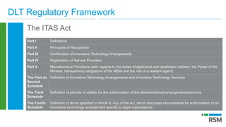 DLT Regulatory Framework
The ITAS Act
Part I Definitions
Part II Principles of Recognition
Part III Certification of Innovative Technology Arrangements
Part IV Registration of Service Providers
Part V Miscellaneous Provisions (with regards to the duties of applicants and application holders, the Power of the
Minister, transparency obligations of the MDIA and the role of a resident agent)
The First an
Second
Schedule
Definition of Innovative Technology Arrangements and Innovative Technology Services
The Third
Schedule
Definition of periods of validity for the authorisation of the aforementioned arrangements/services
The Fourth
Schedule
Definition of terms specified in Article 8, 4(a) of the Act, which discusses requirements for authorisation of an
innovative technology arrangement specific to legal organisations
 