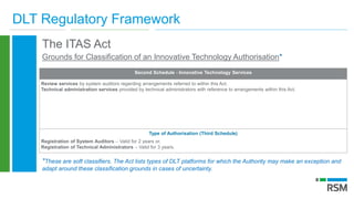 DLT Regulatory Framework
The ITAS Act
Grounds for Classification of an Innovative Technology Authorisation*
Second Schedule - Innovative Technology Services
Review services by system auditors regarding arrangements referred to within this Act.
Technical administration services provided by technical administrators with reference to arrangements within this Act.
Type of Authorisation (Third Schedule)
Registration of System Auditors – Valid for 2 years or,
Registration of Technical Administrators – Valid for 3 years.
*These are soft classifiers. The Act lists types of DLT platforms for which the Authority may make an exception and
adapt around these classification grounds in cases of uncertainty.
 