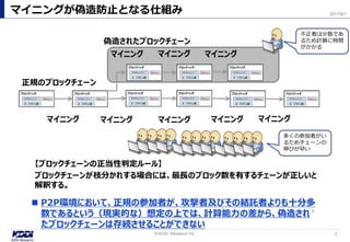 マイニングが偽造防止となる仕組み
5© KDDI Research Inc,
2017/8/1
 P2P環境において、正規の参加者が、攻撃者及びその結託者よりも十分多
数であるという（現実的な）想定の上では、計算能力の差から、偽造され
たブロックチェーンは存続させることができない
マイニング マイニング マイニング マイニング
マイニング マイニング
マイニング
マイニング
偽造されたブロックチェーン
正規のブロックチェーン
【ブロックチェーンの正当性判定ルール】
ブロックチェーンが枝分かれする場合には、最長のブロック数を有するチェーンが正しいと
解釈する。
5
多くの参加者がい
るためチェーンの
伸びが早い
不正者は少数であ
るため計算に時間
がかかる
 