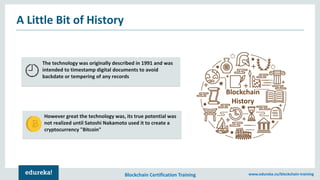 Blockchain Certification Training www.edureka.co/blockchain-training
A Little Bit of History
The technology was originally described in 1991 and was
intended to timestamp digital documents to avoid
backdate or tempering of any records
However great the technology was, its true potential was
not realized until Satoshi Nakamoto used it to create a
cryptocurrency "Bitcoin"
Blockchain
History
 