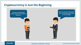 Blockchain Certification Training www.edureka.co/blockchain-training
Cryptocurrency is Just the Beginning
That’s only the tip of the iceberg
man. You should research more
on the technology
Hey have you heard about
cryptocurrencies?? They work on
blockchain…
 