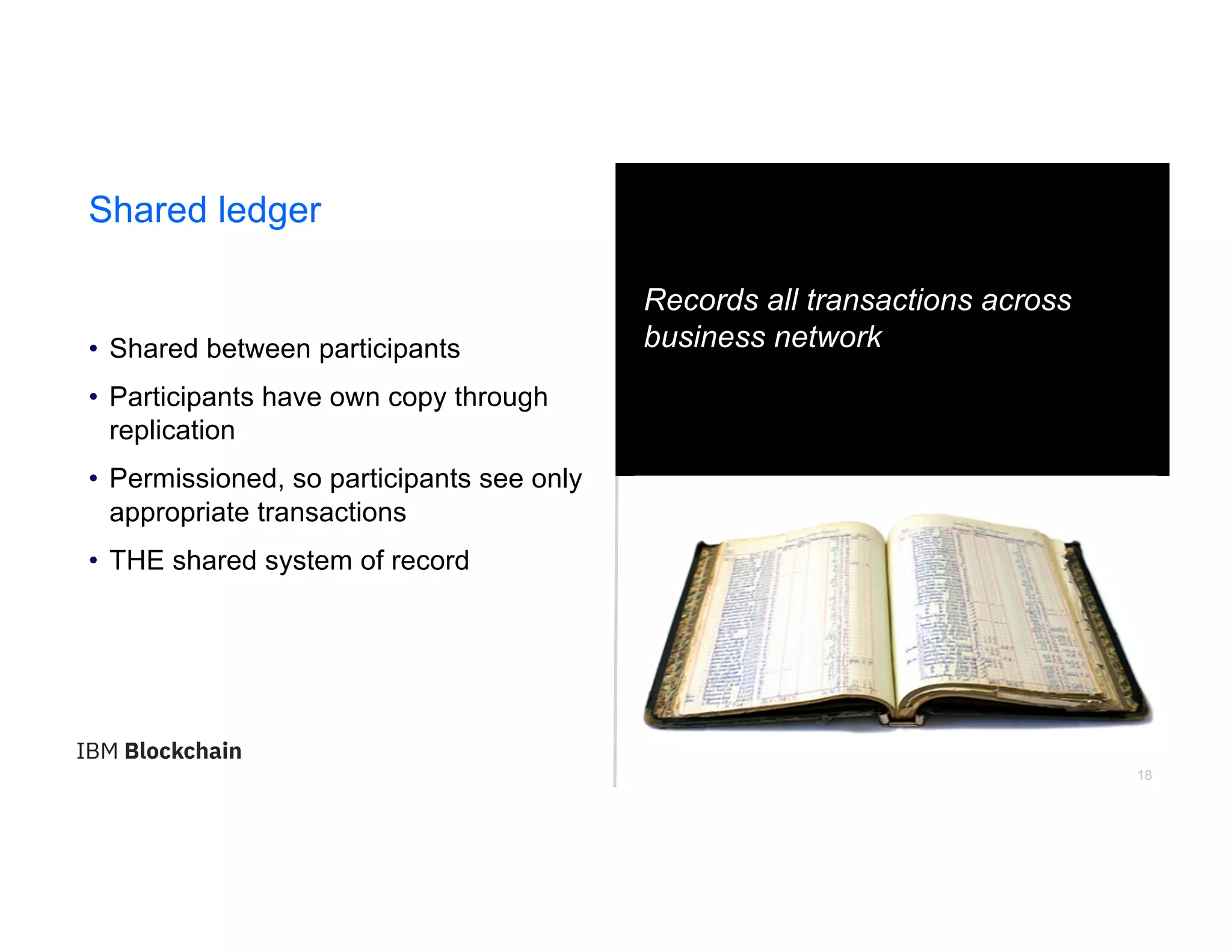 18
Shared ledger
Records all transactions across
business network• Shared between participants
• Participants have own copy through
replication
• Permissioned, so participants see only
appropriate transactions
• THE shared system of record
 
