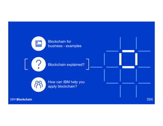 Blockchain explained?
Blockchain for
business - examples
How can IBM help you
apply blockchain?
 