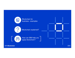 Blockchain explained?
Blockchain for
business - examples
How can IBM help you
apply blockchain?
 