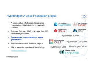 24
Hyperledger: A Linux Foundation project
• A collaborative effort created to advance
cross-industry blockchain technologies for
business
• Founded February 2016; now more than 230
member organizations
• Open source, open standards, open
governance
• Five frameworks and five tools projects
• IBM is a premier member of Hyperledger
www.hyperledger.org
 