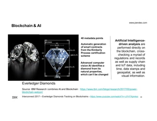 7
46
Blockchain & AI
Artificial Intelligence-
driven analysis are
performed directly on
the blockchain, cross-
checking a myriad of
regulations and records
as well as supply chain
and IoT data, including
time, date stamps and
geospatial, as well as
visual information.
Source: IBM Research combines AI and Blockchain: https://www.ibm.com/blogs/research/2017/05/power-
blockchain-watson/
Interconnect 2017 – Everledger Diamonds Tracking on Blockchaiins - https://www.youtube.com/watch?v=-zYnYXpmtoc
Advanced computer
vision AI identifies a
diamond from its
natural properties,
which can’t be changed
Automatic generation
of smart contracts
from the Kimberly
Process certification
scheme
40 metadata points
Everledger Diamonds
www.pieroleo.com
 