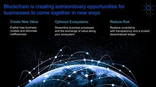 10
Blockchain is creating extraordinary opportunities for
businesses to come together in new ways
Optimize Ecosystems
Streamline business processes
and the exchange of value along
your ecosystem
Reduce Risk
Replace uncertainty
with transparency and a trusted
decentralized ledger
Create New Value
Exploit new business
models and eliminate
inefficiencies
 