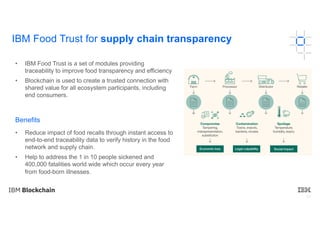 17
• IBM Food Trust is a set of modules providing
traceability to improve food transparency and efficiency
• Blockchain is used to create a trusted connection with
shared value for all ecosystem participants, including
end consumers.
Benefits
• Reduce impact of food recalls through instant access to
end-to-end traceability data to verify history in the food
network and supply chain.
• Help to address the 1 in 10 people sickened and
400,000 fatalities world wide which occur every year
from food-born illnesses.
IBM Food Trust for supply chain transparency
 
