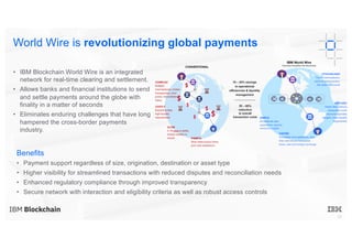 18
• IBM Blockchain World Wire is an integrated
network for real-time clearing and settlement.
• Allows banks and financial institutions to send
and settle payments around the globe with
finality in a matter of seconds
• Eliminates enduring challenges that have long
hampered the cross-border payments
industry.
World Wire is revolutionizing global payments
Benefits
• Payment support regardless of size, origination, destination or asset type
• Higher visibility for streamlined transactions with reduced disputes and reconciliation needs
• Enhanced regulatory compliance through improved transparency
• Secure network with interaction and eligibility criteria as well as robust access controls
 