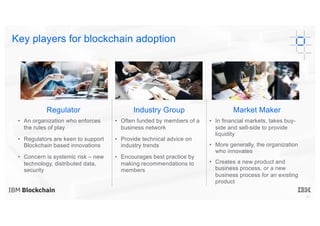 21
Key players for blockchain adoption
Regulator Industry Group Market Maker
• An organization who enforces
the rules of play
• Regulators are keen to support
Blockchain based innovations
• Concern is systemic risk – new
technology, distributed data,
security
• Often funded by members of a
business network
• Provide technical advice on
industry trends
• Encourages best practice by
making recommendations to
members
• In financial markets, takes buy-
side and sell-side to provide
liquidity
• More generally, the organization
who innovates
• Creates a new product and
business process, or a new
business process for an existing
product
 