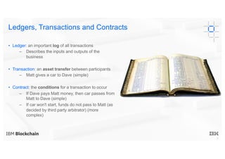 5
Ledgers, Transactions and Contracts
• Ledger: an important log of all transactions
– Describes the inputs and outputs of the
business
• Transaction: an asset transfer between participants
– Matt gives a car to Dave (simple)
• Contract: the conditions for a transaction to occur
– If Dave pays Matt money, then car passes from
Matt to Dave (simple)
– If car won't start, funds do not pass to Matt (as
decided by third party arbitrator) (more
complex)
 
