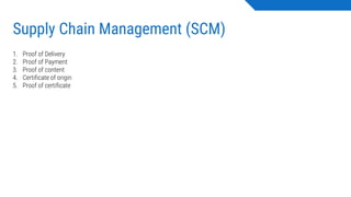 Supply Chain Management (SCM)
1. Proof of Delivery
2. Proof of Payment
3. Proof of content
4. Certificate of origin
5. Proof of certificate
 