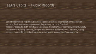 Land titles,Vehicle registries,Business license,Business incorporation/dissolution
records,Business ownership records,Regu...