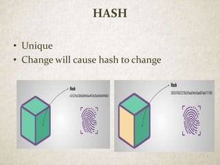 HASH
• Unique
• Change will cause hash to change
 