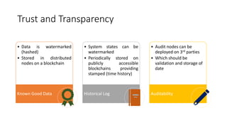 Trust and Transparency
• Data is watermarked
(hashed)
• Stored in distributed
nodes on a blockchain
Known Good Data
• System states can be
watermarked
• Periodically stored on
publicly accessible
blockchains providing
stamped (time history)
Historical Log
• Audit nodes can be
deployed on 3rd parties
• Which should be
validation and storage of
date
Auditability
 