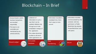 Blockchain – In Brief
• Account book in which
business transactions
are recorded
sequentially
• This book is not
controlled and
maintained by any
central authority.
Shared Ledger
• Collection of
information in such a
way that it can be
updated /deleted only
through set of rules
embedded in design of
the application.
• This makes blockchain
trustless as all server-
client applications are
Immutable
Database
• Information recorded is
translated into a form
that is easy to move
around
Data
Transferring
• Information recorded
can be accessed by only
someone who has
permission i.e Public
Blockchain (by anyone) ,
Private Blockchain (only
with peers)
Secure
2
 