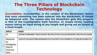 The Three Pillars of Blockchain
Technology
Immutability: Immutability, in the context of the blockchain, means
that once something has been entered into the blockchain, it cannot
be tampered with. The reason why the blockchain gets this property
is that of the cryptographic hash function. In simple terms, hashing
means taking an input string of any length and giving out an output of
a fixed length.
 