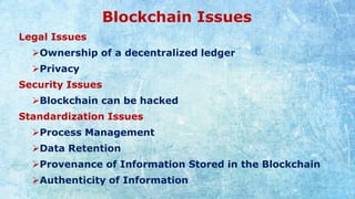 Blockchain Issues
Legal Issues
➢Ownership of a decentralized ledger
➢Privacy
Security Issues
➢Blockchain can be hacked
Standardization Issues
➢Process Management
➢Data Retention
➢Provenance of Information Stored in the Blockchain
➢Authenticity of Information
 