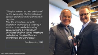 ©Mark Mueller-Eberstein & Adgetec Corporation
“The first internet era was predicated
on the availability of information and
content anywhere in the world and at
any time.
Now the second era, fueled by
blockchain technology, is ushering in
what is known as the Internet of
Value, featuring a revolutionary
distributed platform poised to reshape
and advance the global business
environment and world order.”
Don Tapscotts, 2017
 