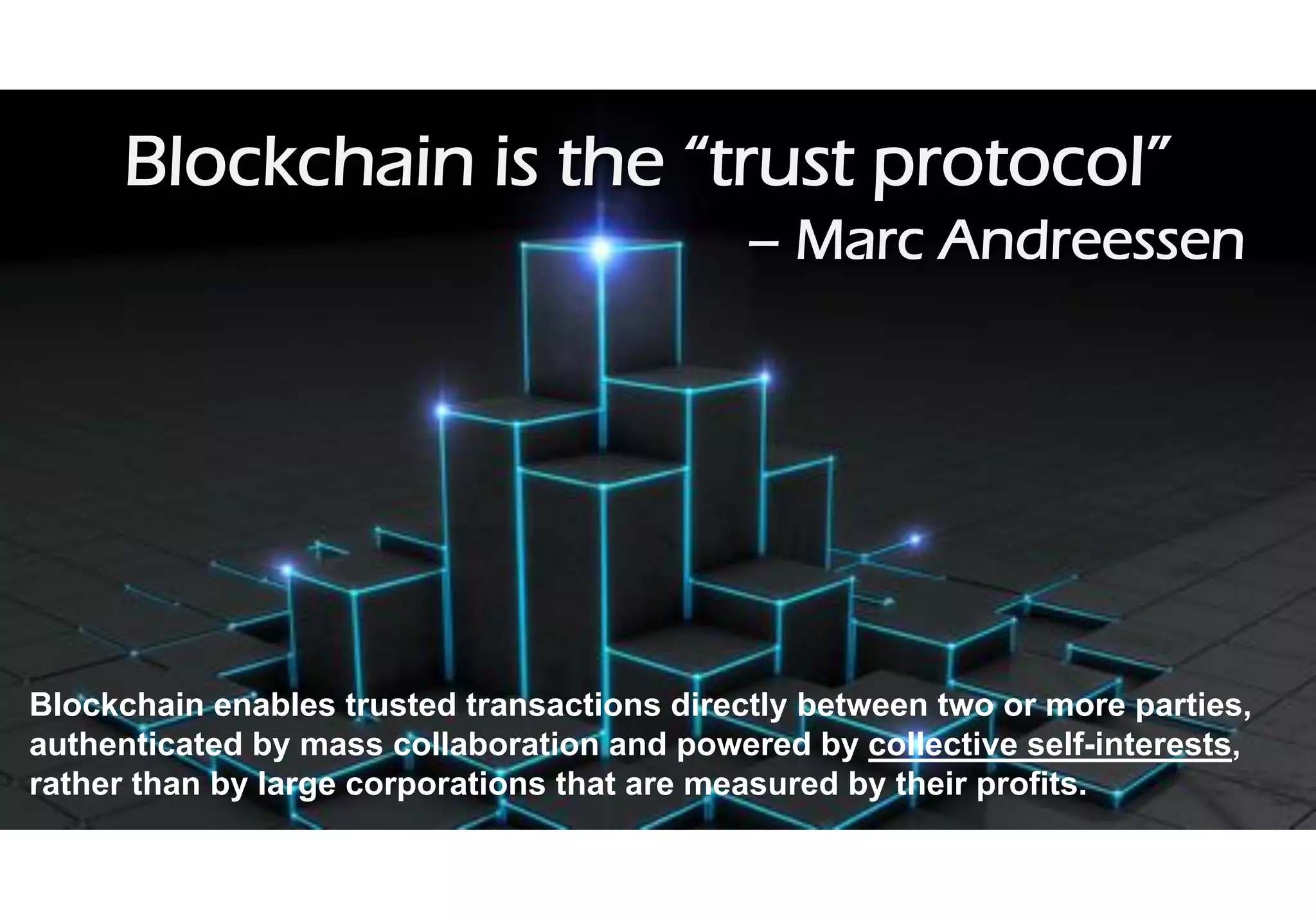 11© GfK July 13, 2018 | Title of presentation
Blockchain is the “trust protocol”
– Marc Andreessen
Blockchain enables trusted transactions directly between two or more parties,
authenticated by mass collaboration and powered by collective self-interests,
rather than by large corporations that are measured by their profits.
 