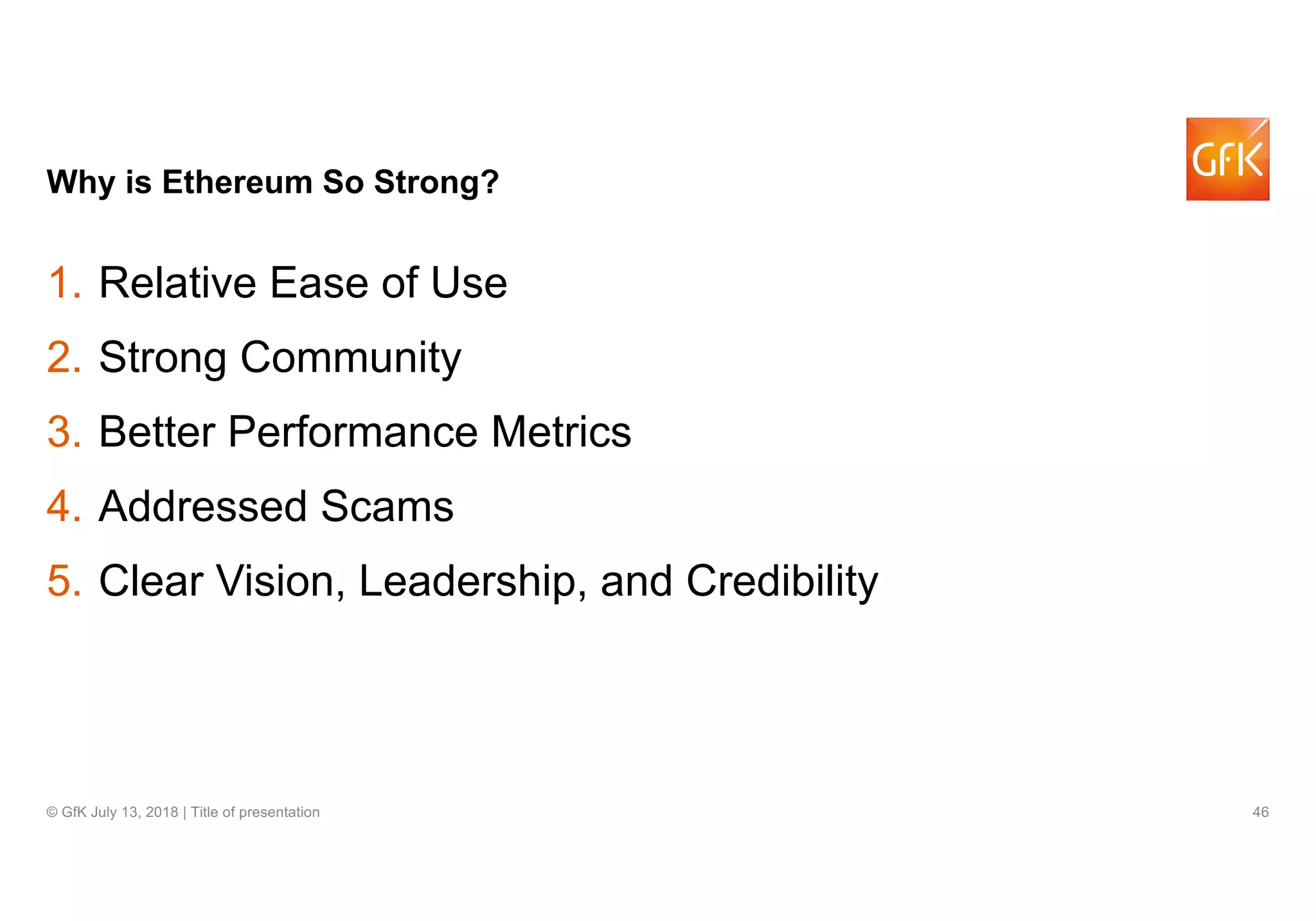 46© GfK July 13, 2018 | Title of presentation
Why is Ethereum So Strong?
1. Relative Ease of Use
2. Strong Community
3. Better Performance Metrics
4. Addressed Scams
5. Clear Vision, Leadership, and Credibility
 