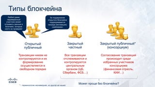 Типы блокчейна
Закрытый
частный
Закрытый публичный*
(консорциум)
Все транзакции
отслеживаются и
контролируются
центральным
органом (ЦБ,
Сбербанк, ФСБ…)
Согласование транзакций
происходит среди
избранных участников
консорциума
(финансовая отрасль,
КИИ…)
Открытый
публичный
Транзакции никем не
контролируются и их
формирование
осуществляется в
свободном порядке
Может проще без блокчейна?
За поддержание
открытого блокчейна
подразумевается
награда (мотивация)
«майнерам»
Любой (даже
недоверенный
участник) может
отправить данные в
блокчейн, которые
никто не проверяет
* - терминология неочевидная, но другой не нашел
 
