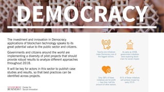 DEMOCRACY
The investment and innovation in Democracy
applications of blockchain technology speaks to its
great potential v...