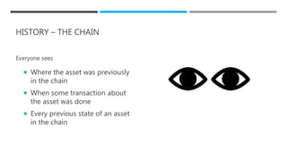 HISTORY – THE CHAIN
Everyone sees
 Where the asset was previously
in the chain
 When some transaction about
the asset was done
 Every previous state of an asset
in the chain
 