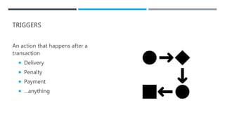 TRIGGERS
An action that happens after a
transaction
 Delivery
 Penalty
 Payment
 …anything
 