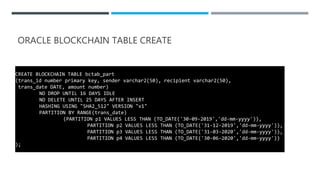 ORACLE BLOCKCHAIN TABLE CREATE
CREATE BLOCKCHAIN TABLE bctab_part
(trans_id number primary key, sender varchar2(50), recipient varchar2(50),
trans_date DATE, amount number)
NO DROP UNTIL 16 DAYS IDLE
NO DELETE UNTIL 25 DAYS AFTER INSERT
HASHING USING "SHA2_512" VERSION "v1"
PARTITION BY RANGE(trans_date)
(PARTITION p1 VALUES LESS THAN (TO_DATE('30-09-2019','dd-mm-yyyy')),
PARTITION p2 VALUES LESS THAN (TO_DATE('31-12-2019','dd-mm-yyyy')),
PARTITION p3 VALUES LESS THAN (TO_DATE('31-03-2020','dd-mm-yyyy')),
PARTITION p4 VALUES LESS THAN (TO_DATE('30-06-2020','dd-mm-yyyy'))
);
 