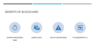 BENEFITS OF BLOCKCHAIN
SHORTER PROCESSING
TIMES
LOWER COSTS LESS OF CERTAIN RISKS IT’S BUZZWORTHY 
 