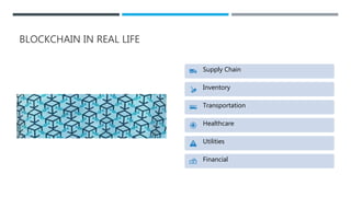 BLOCKCHAIN IN REAL LIFE
Supply Chain
Inventory
Transportation
Healthcare
Utilities
Financial
 